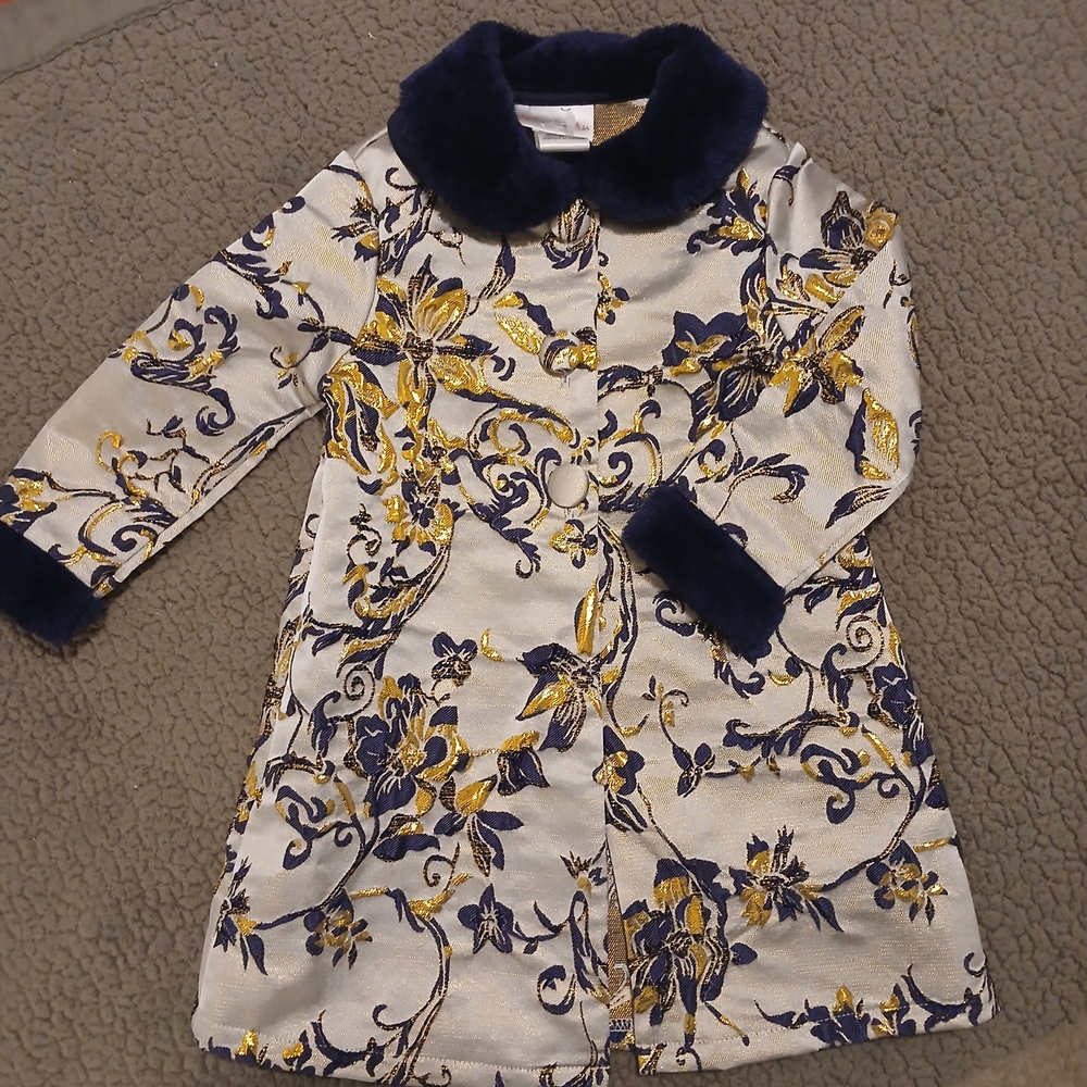 Sweet Heart Rose Blue and Gold Floral Cape with Dark Blue Collar and Cuffs